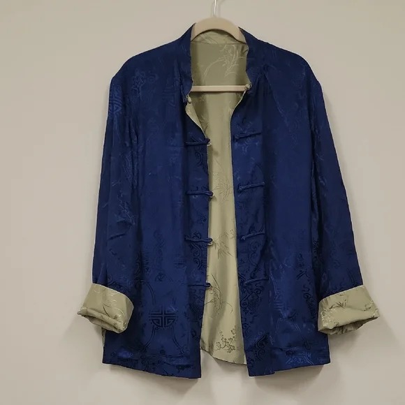 Reversible Asian Inspired Jacket Sage Green Blue Frog Closure Mandarin Collar - Picture 3 of 10